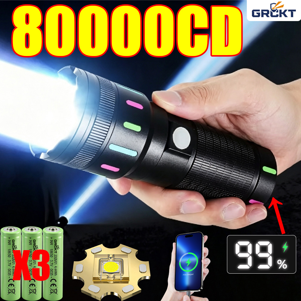 Fishing Light - 80000CD 最も強力なLED懐中電灯 ハイパワー戦術ハンティング懐中電灯 充電式トーチ アウトドア防水ランタンライトレーザーポインター 超強力